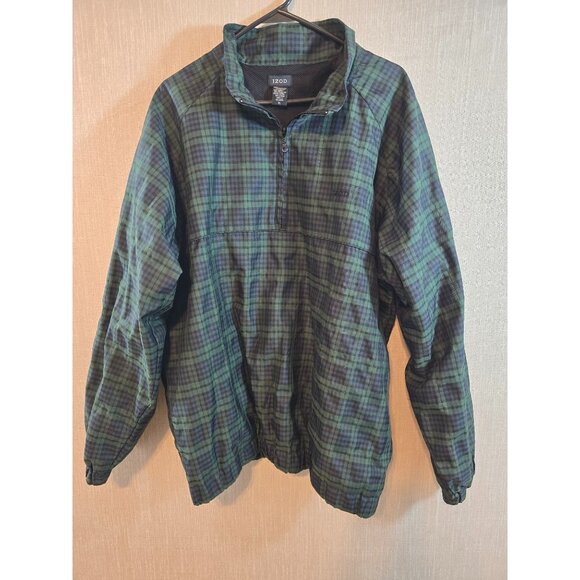 Izod Mens Green & Blue Plaid Pullover Windbreaker Jacket Half-Zip Casual Size XL - Picture 1 of 15